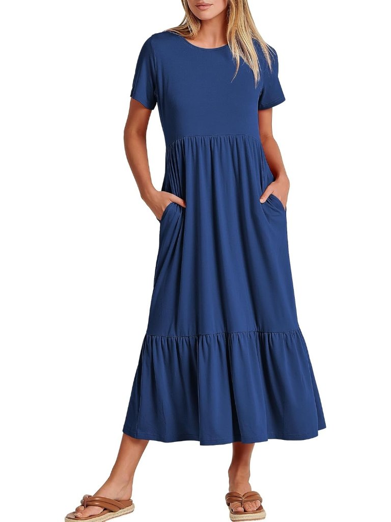 Women's Blue Summer Casual Maxi Dress A Line Tiered Flowy Short Sleeve Crewneck